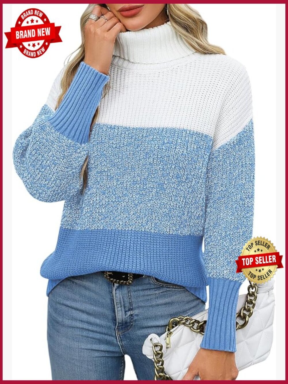 Color Block Turtleneck Sweater Long Sleeve Chunky Pullover